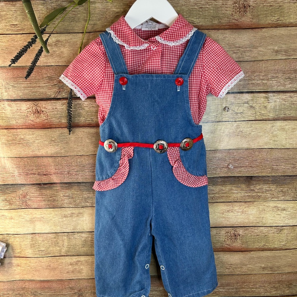 VINTAGE Kid Kountry 70s/80s Baby Girls Red Gingham Shirt & Denim Overalls